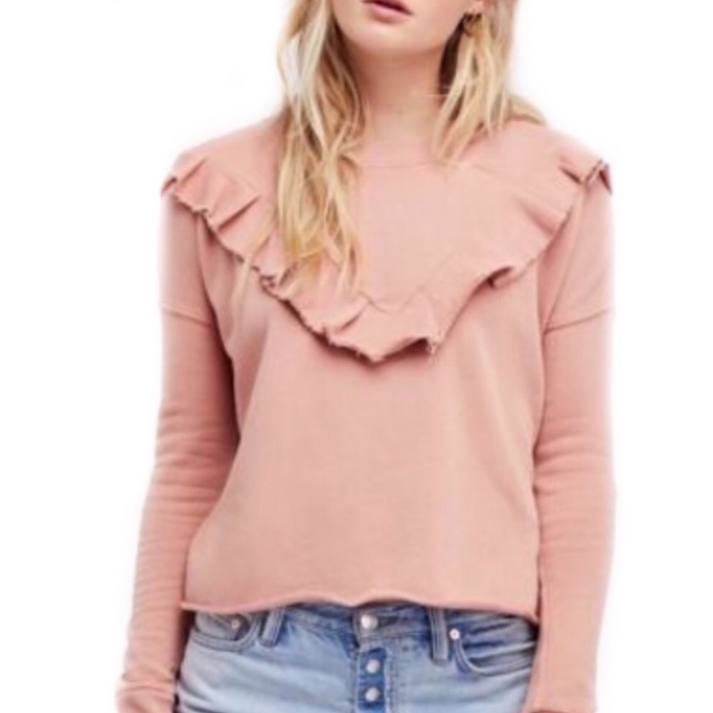 Free People Pink Cropped Ruffle Sweatshirt NWT